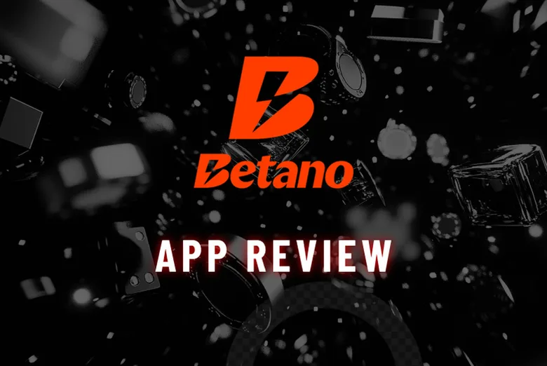 Placa gráfica sobre fondo negro con fichas y dados de casino desenfocados alrededor, el logotipo naranja de betano al centro y el rótulo blanco «App Review» debajo.
