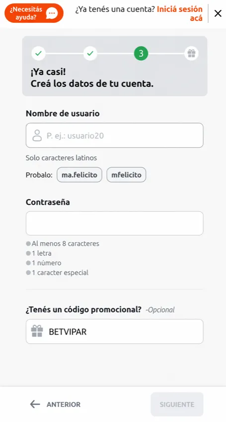 Tercer paso del registro de Betano: campos de nombre de usuario y contraseña con sus requisitos, y un campo opcional de código promocional ya completado.