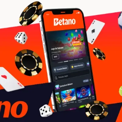 Ilustración cuadrada: un celular en el centro con una pantalla de juegos de casino, rodeado de fichas doradas, dados blancos y naipes sobre un fondo naranja y azul.
