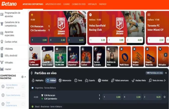 Pantalla de escritorio de una casa de apuestas: barra superior con pestañas de deportes y casino, tres partidos destacados con sus tres precios y, más abajo, una lista de encuentros.