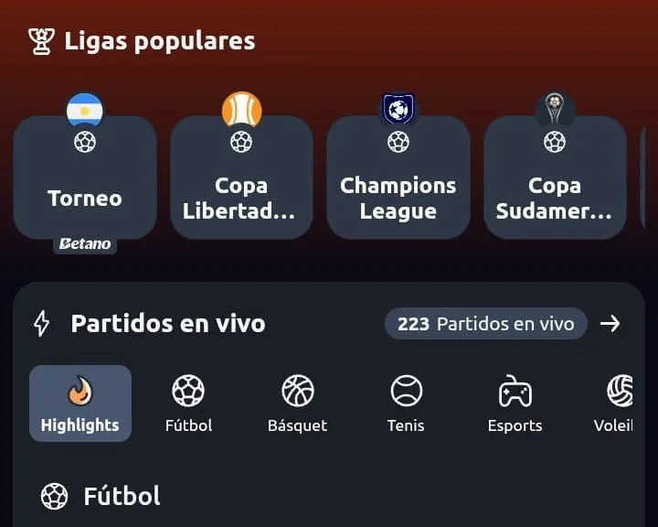 Pantalla de celular con una fila de ligas de fútbol —torneo local, Copa Libertadores, Champions League y Copa Sudamericana— y debajo un contador de partidos en vivo.